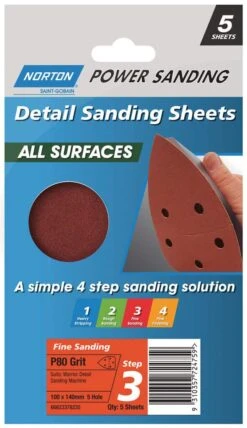 Norton Detail Sanding Sheet P80 Grit 100 X 140mm - 5 Pack