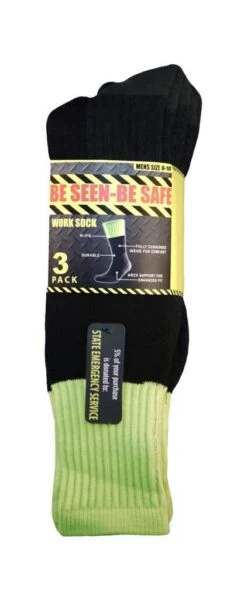 Be Seen-Be Safe Work Socks Black/Fluoro Yellow S6-10 - 3 Pack