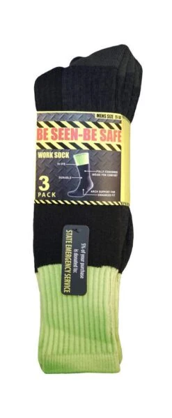 Be Seen-Be Safe Work Socks Black/Fluro Yellow S11-14 - 3 Pack