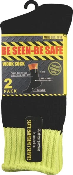 Be Seen-Be Safe Work Socks Bamboo Black/Fluro Yellow S11-14 - 2 Pack