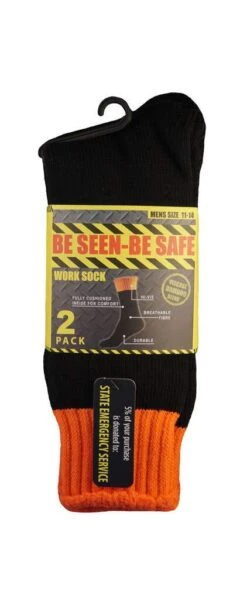 Be Seen-Be Safe Work Socks Bamboo Black/Fluro Orange S11-14 - 2 Pack